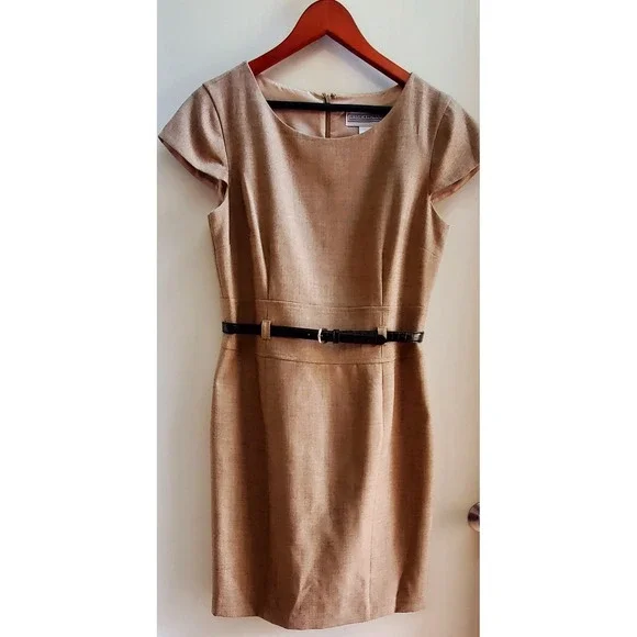 Jessica Howard Dress 12 Brown Belt Cap Sleeve Tweed Tan/Brown Sheath Poly Lined - Picture 4 of 13